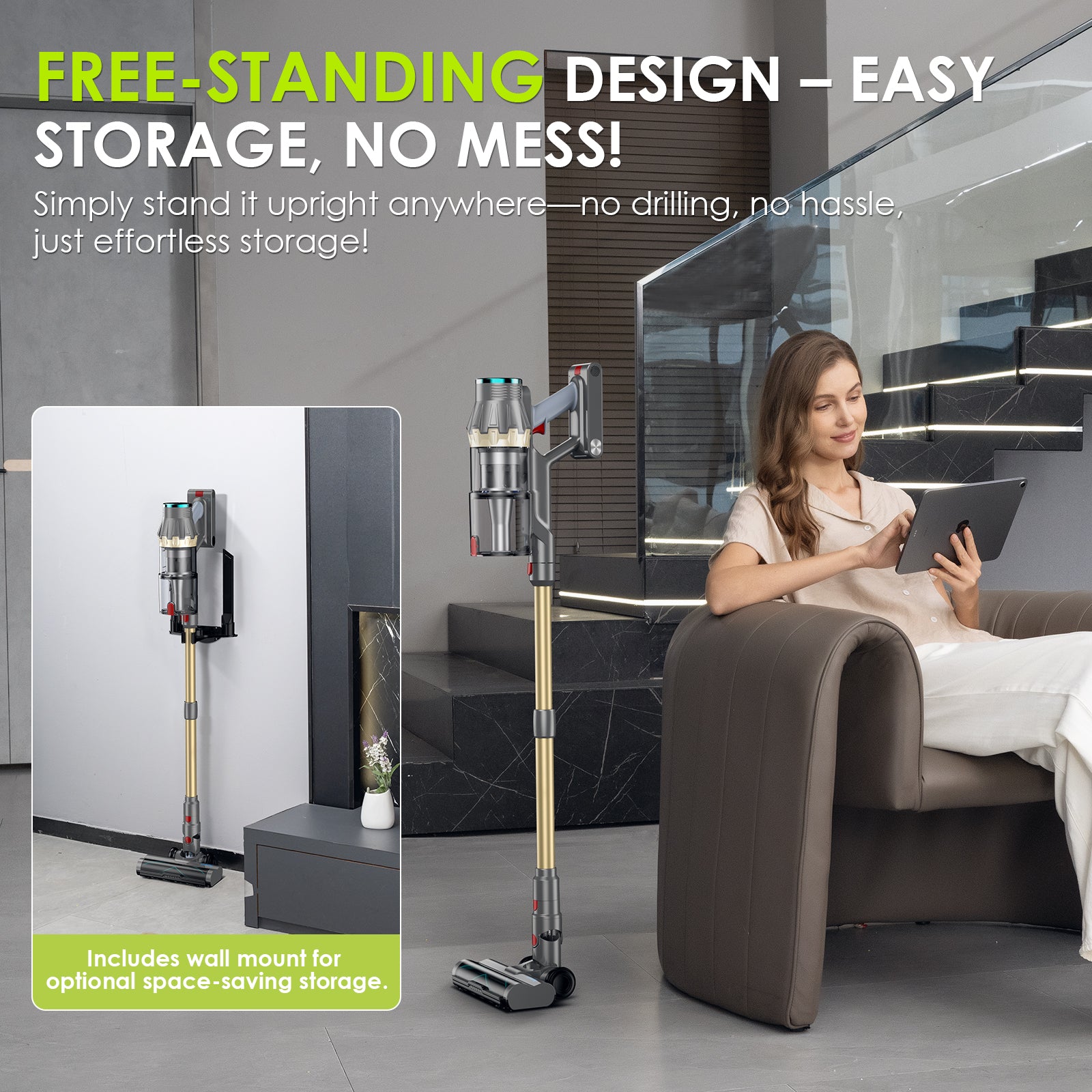 Linkifly XT1 Akku-Staubsauger, freistehender Staubsauger für Zuhause, lange Laufzeit, starke Saugkraft mit Touchscreen, Stabstaubsauger für Hartholzböden 